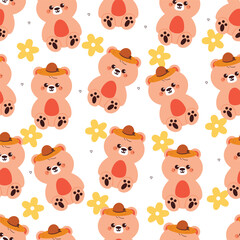 Obraz premium seamless pattern cute cartoon bear wearing hat together with flowers and leaves. cute animal pattern for wallpaper and background