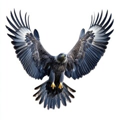 Majestic Dark Eagle in Flight Against White Background