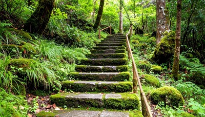 Stone Steps Covered in Lush Green Moss in a Forest