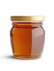 Amber Honey in Glass Jar with Gold Lid on White Background