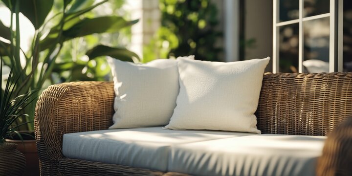 A wicker couch with two white pillows on it. The couch is in a sunny room with a plant in the background