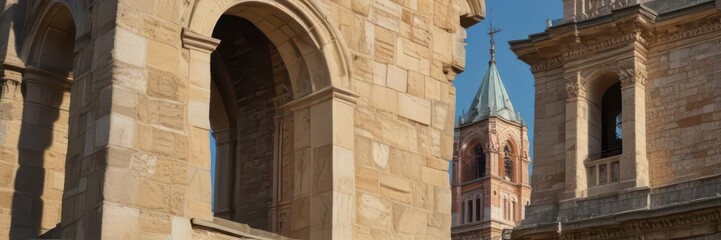 Ancient bell tower, Catholic church facade, ornate stonework, Germany, building, vintage