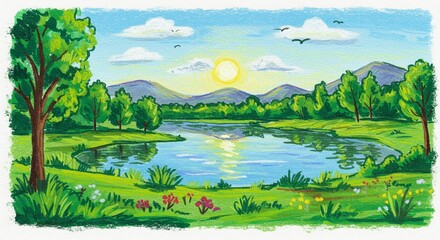 Colorful Crayon Illustration of a Lake Scene