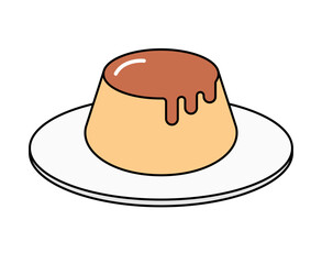 Plate of Creamy Caramel Drizzled Pudding icon. Vector.
