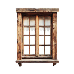 Obraz premium rustic wooden window with natural finish, featuring multiple panes and charming design. window is adorned with sheer curtains, adding touch of elegance to its traditional style