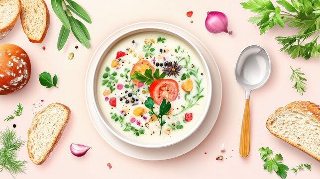 Primer plano de sopa vegetariana fresca y saludable servida en un tazn blanco, rodeada de pan artesanal y hierbas frescas