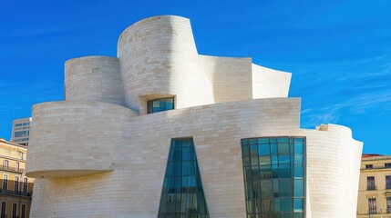 Contemporary museum facade with architectural distinction stone construction and modern design under vibrant blue sky cityscape exploration
