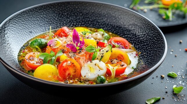 Sopa de verduras colorida y humeante en tazn de barro, fondo clido, cena reconfortante y diettica