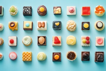collection of sweets in neat layout, blue gradient background