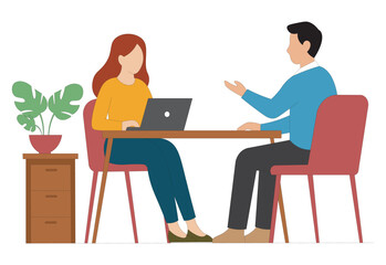 Flat Vector Illustration of Office Meeting Man and Woman Talking at Desk. Business Discussion Vector Art Coworkers Collaboration Scene at Workplace. Modern Office Table Meeting Concept People Working.
