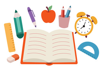 back to school concept. Flat school supplies vector set open book, pencil, alarm clock, apple, ruler, and stationery items for back to school and education design.