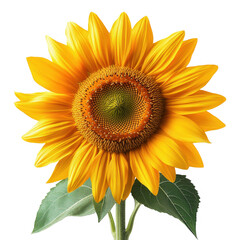 Sunflower blossom close up vibrant yellow petals and green leaves isolated on transparent background