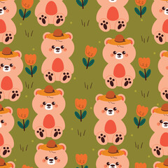 seamless pattern cute cartoon bear wearing hat together with flowers and leaves. cute animal pattern for wallpaper and background