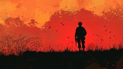 Obraz premium Minimalist Memorial Day graphic with silhouette of soldier and patriotic elements