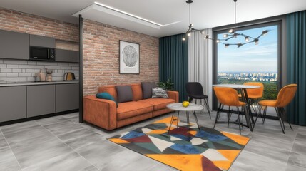 Obraz premium Modern interior design of a living room with a brick wall sofa and dining area overlooking the city skyline stylish home decor