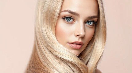 Fototapeta premium Elegant woman with sleek smooth blonde hair. Female with silky hair, haircare beauty theme