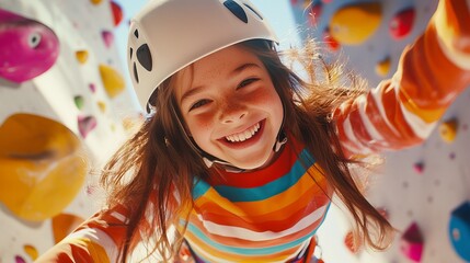 Happy girl enjoys indoor rock climbing adventure wearing a helmet and colorful clothes