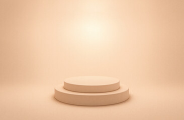 Minimal beige two tier round podium with soft spotlight empty background for luxury cosmetic branding package mockup modern product advertising scene