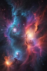 Fototapeta premium Abstract swirling nebula-like formations in deep space, dark cosmic backdrop, spiral, stellar
