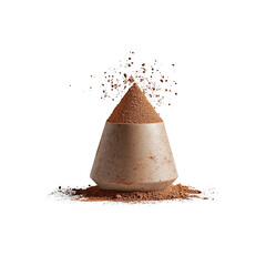 Rich cocoa powder is artfully displayed in modern, conical container, with fine particles gently cascading around it, creating inviting and dynamic visual