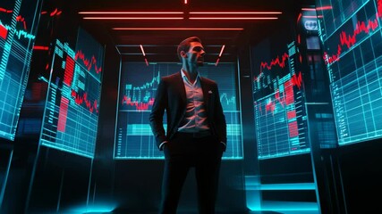 Business professional analyzes stock market trends in a high-tech environment with engaging visuals and data displays