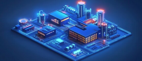 Isometric Futuristic Factory Complex with Glowing Details and Intricate Infrastructure Model