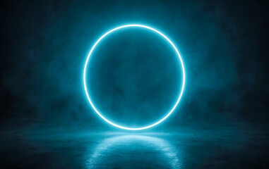 Glowing cyan neon circle in dark smoky studio creates futuristic spotlight stage for product presentation mockup banner or advertisement design