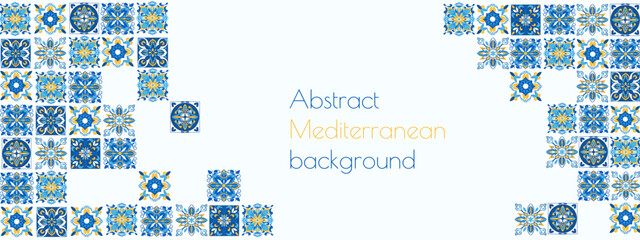 Abstract blue and yellow ceramic tile background. Mediterranean porcelain pottery. Italian ornament. Amalfi arabesque motif. Vector illustration