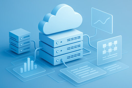 Light blue cloud database system with layered interfaces graphs connectors showing managed hosting service innovation backend technology 3d illustration