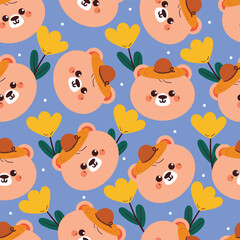 seamless pattern cute cartoon bear head wearing hat with yellow tulip flower. cute animal pattern for wallpaper and background