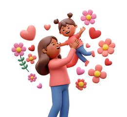3d rendering mother holding her child cartoon characters surrounded by flowers and hearts isolated on transparent background, PNG file add
