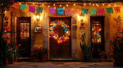 A house entrance decorated with Cinco de Mayo flags, lights, and handmade crafts