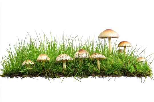 Beautiful mushrooms growing in lush green grass patch isolated fungi plant white flora nature summer