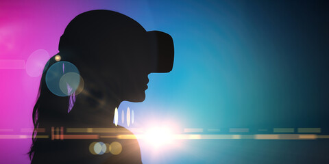 Female VR user silhouette against shifting blue pink cyber backdrop with data HUD graphics conveys futuristic mixed reality interface