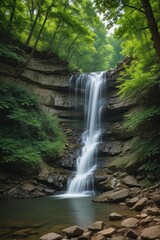 Fototapeta premium Cascading Arkansas waterfall amidst lush green forest , photography, forest, scenic