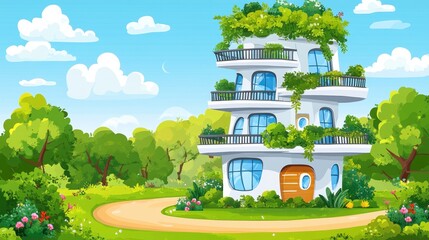 Eco-Friendly Futuristic Home with Green Balconies and Lush Garden in a Pixel Art Style Serene Nature Landscape Setting