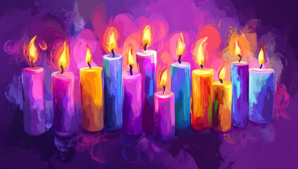 Colorful candles create vibrant atmosphere against purple background, radiating warmth and light. artistic illustration captures essence of celebration and tranquility