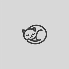 Sleeping cat logo in minimalist and simple line art style.