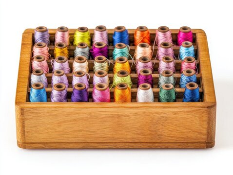 Colorful Thread Spools in Wooden Box on White Background