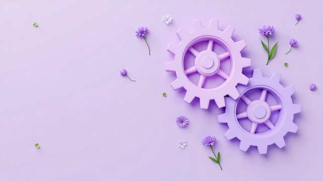 Two pastel purple gears surrounded by small purple flowers on a light lavender background.