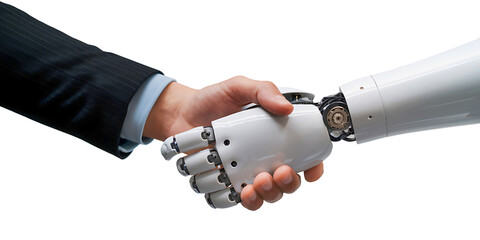 A modern robotic hand extends to shake a human hand showcasing intricate mechanics against a white background