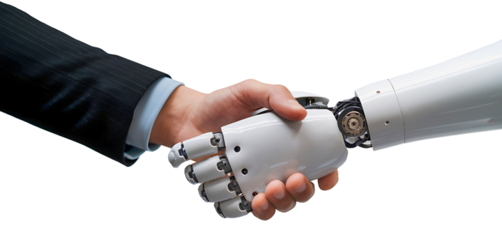 A modern robotic hand extends to shake a human hand showcasing intricate mechanics against a white background