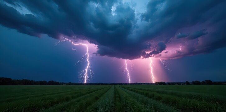 Sudden lightning strike reveals brooding, pre-storm landscape ,  pre-storm,  impending storm,  dramatic lighting