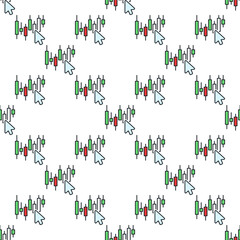 Obraz premium Mouse cursor on Candlestick chart vector online trading colored seamless pattern