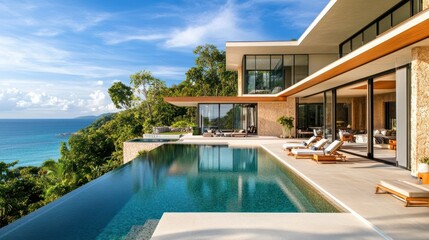 Fototapeta premium Luxurious modern villa with infinity pool overlooking lush green tropical landscape and ocean view, outdoor terrace with sun loungers and contemporary architecture