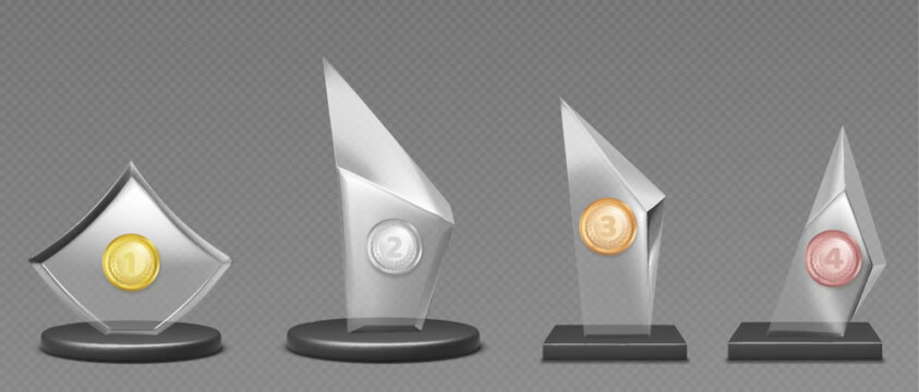 Transparent glass award with metallic medals, numbers and laurels set. Four places winners prizes realistic 3d vector. Shiny acrylic champion trophies with black bases. Glossy crystal reward plaques.