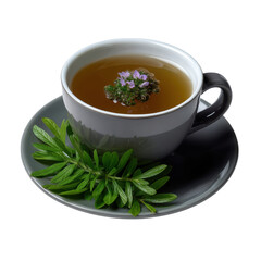 Herbal tea cup infused with calming sprigs creating a relaxation ritual perfect for moments of peace and tranquility.