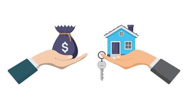 4k animation of depicting the hands exchanging money for a house, symbolizing property sales or real estate transactions.