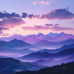 Fototapeta premium Twilight Majesty: The Ethereal Beauty of Lavender-Tinged Mountain Peaks Under a Dusk-Kissed Sky