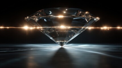 Sparkling Diamond on Dark Reflective Surface with Golden Light Streaks Radiating